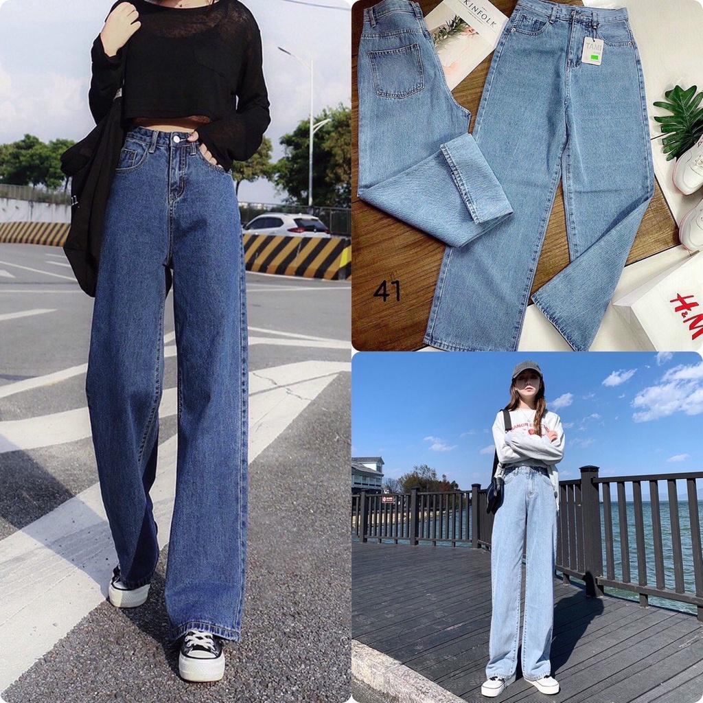 Quần Jeans Ống Rộng Màu xanh - Quần Ống Rộng Nữ Dáng Suông Jeans Lưng Cao Xưỡng May LT77