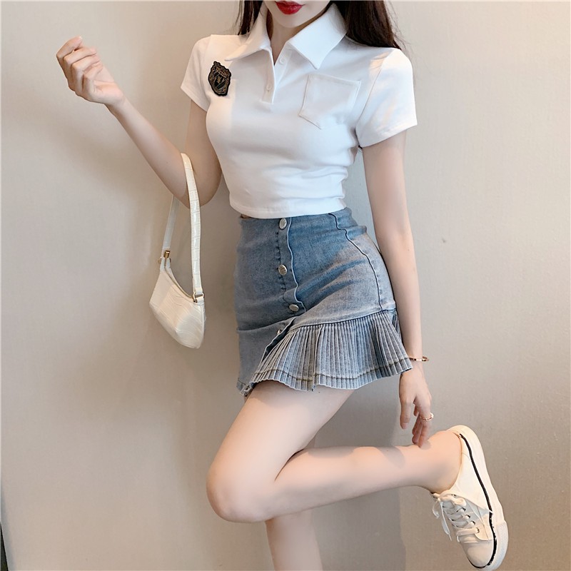 Set áo phông cộc tay mix chân váy bò ngắn phong cách hàn quốc siêu xinh