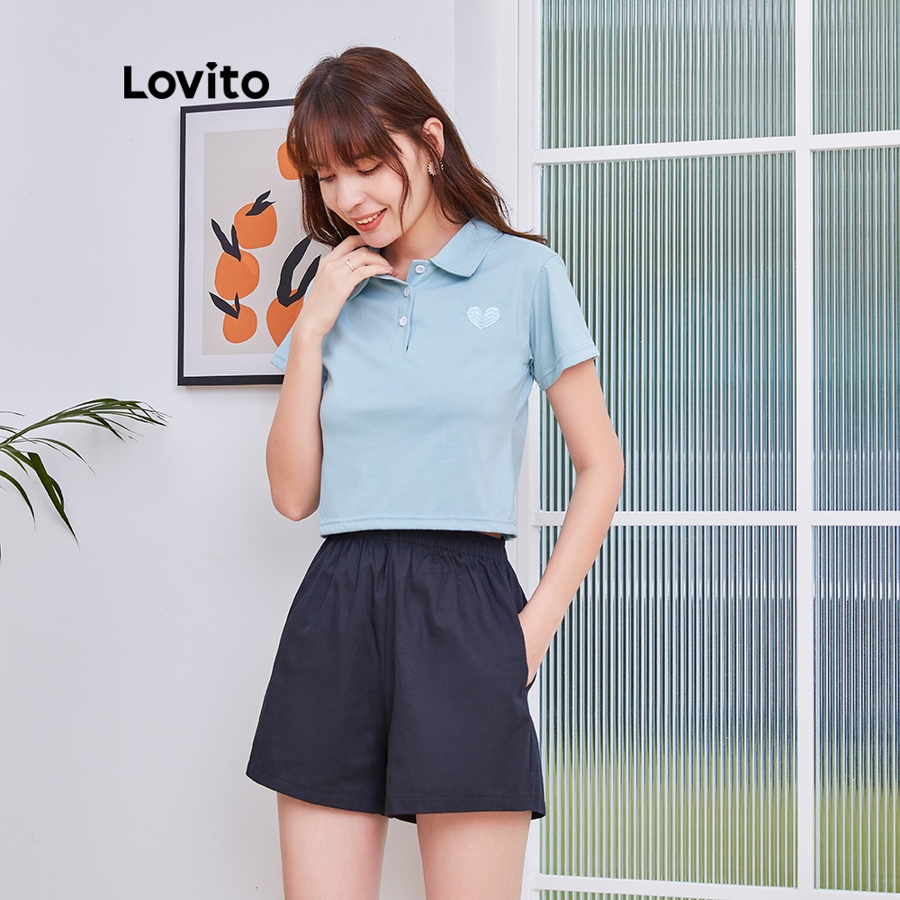 Quần short Lovito lưng cao màu trơn đơn giản dáng rộng phong cách cơ bản có túi L04154 (màu đen) | BigBuy360 - bigbuy360.vn