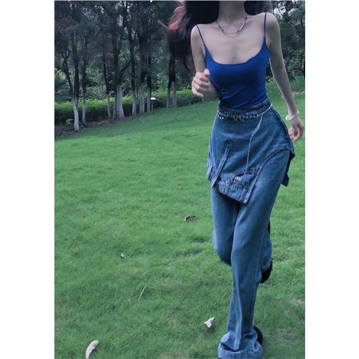 Set áo thun dây croptop xanh hở vai lưng sexy váy quần jeans cao eo thon ống loe giả 2 mảnh hàn quốc cá tính ulzzang big