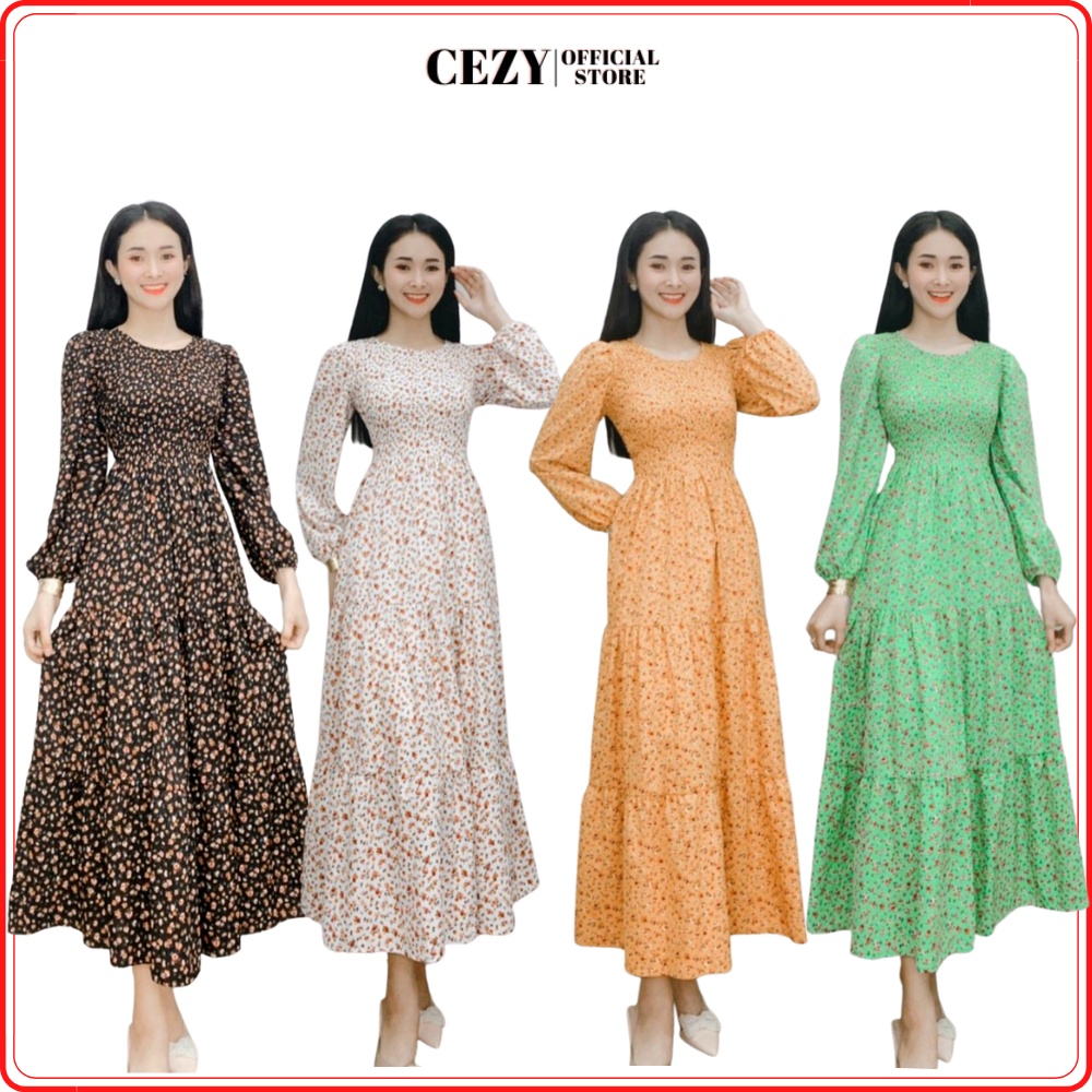Đầm maxi tay dài đi biển hoa nhí bo chun có size bigsize CEZY D79