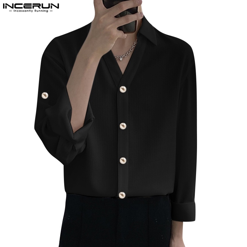 Áo sơ mi INCERUN tay dài cổ chữ V màu trơn dành cho nam