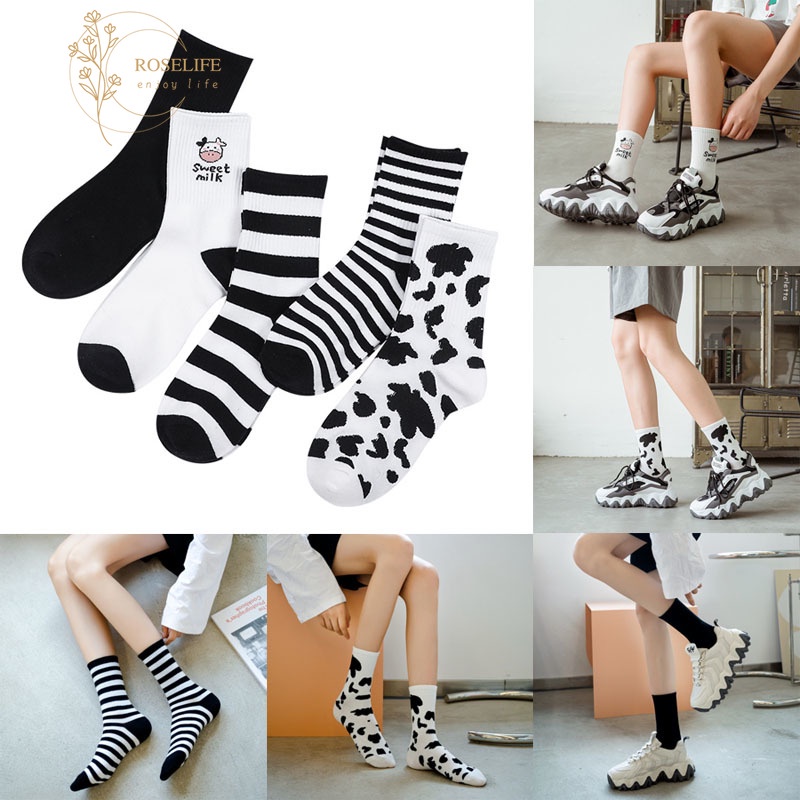 1 đôi vớ dài ngang bắp chân họa tiết sọc trắng đen thời trang xuân thu cho nữ