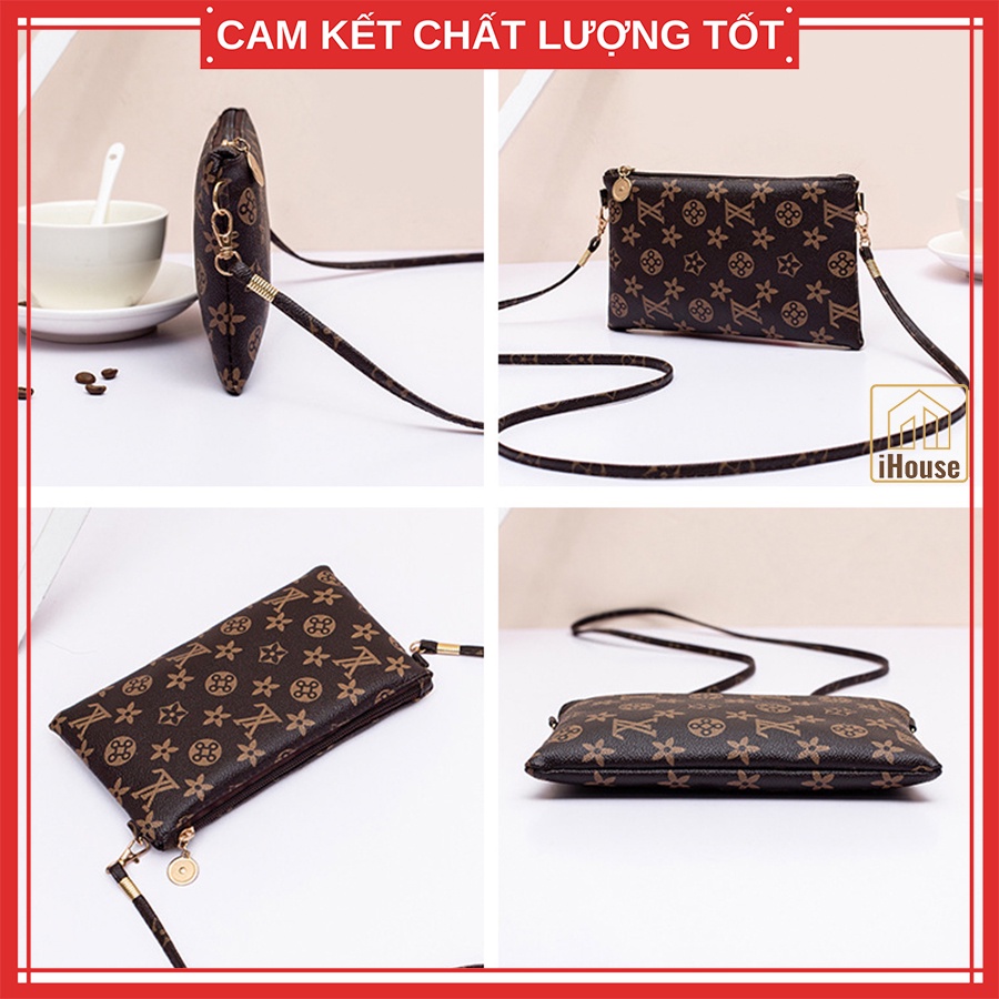 Túi ví ngang nữ có dây đeo vai giá rẻ, Cluth clutch ngang nữ để điện thoại màu nâu Cafe dây đeo nâu và đỏ