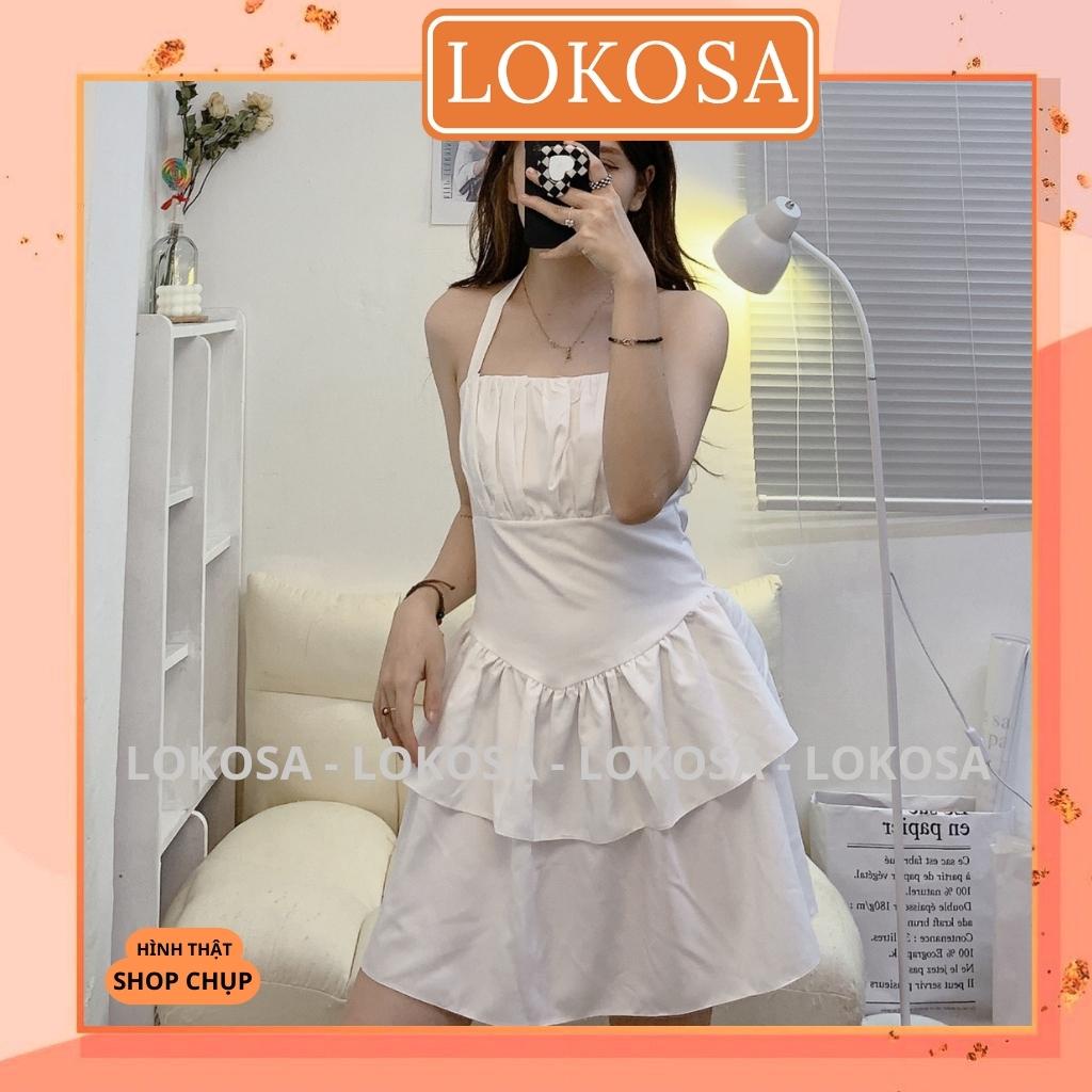 Đầm dự tiệc LOKOSA Váy Body Trắng cổ yếm Dáng Xòe Xếp Tầng Cột Dây Thiết Kế Hở Lưng VD032