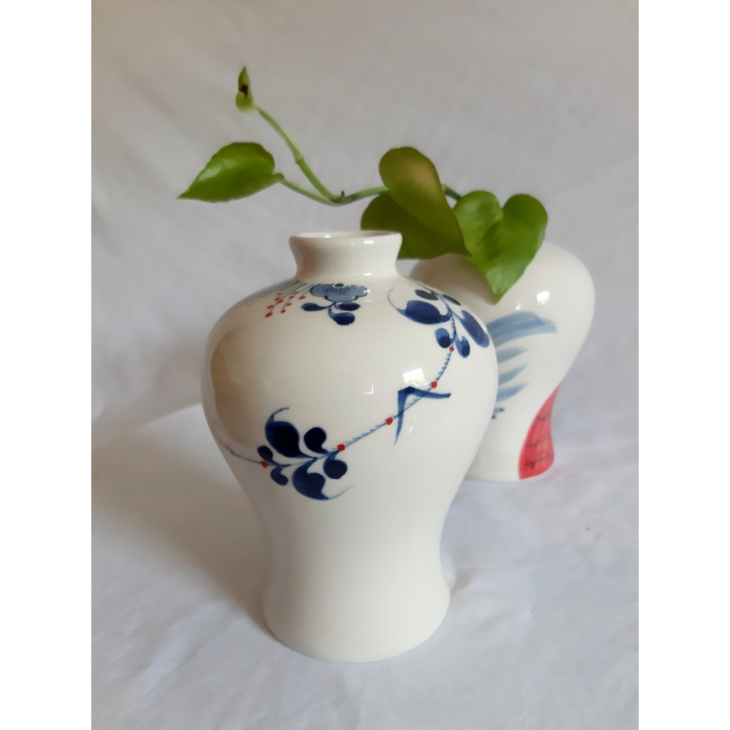 Bình hoa thắt eo miệng nhỏ vẽ hoa văn vẽ tay - Gốm sứ Bát Tràng cao H20 cm ,có ảnh thật