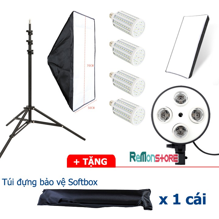 Softbox đuôi sứ 4 chuôi 50 x70cm - 04 bóng đèn Led 360 độ 28W - Chân đèn cao 2m