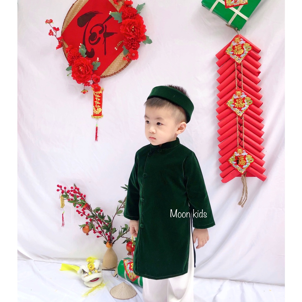 Áo Dài Tết Cho Bé Trai Chất Liệu Nhung Có Mấn Đội Đầu Dễ Thương