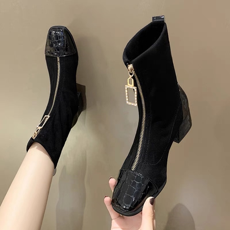 {order china} Giày boost nữ đế vuông mũi tròn da nhăn phối da pu khoá trước