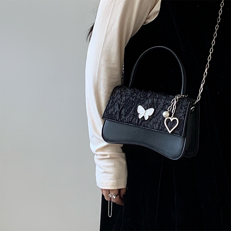 Túi đeo chéo IELGY hình vuông cỡ nhỏ phụ kiện bướm / trái tim màu đen thời trang cho nữ