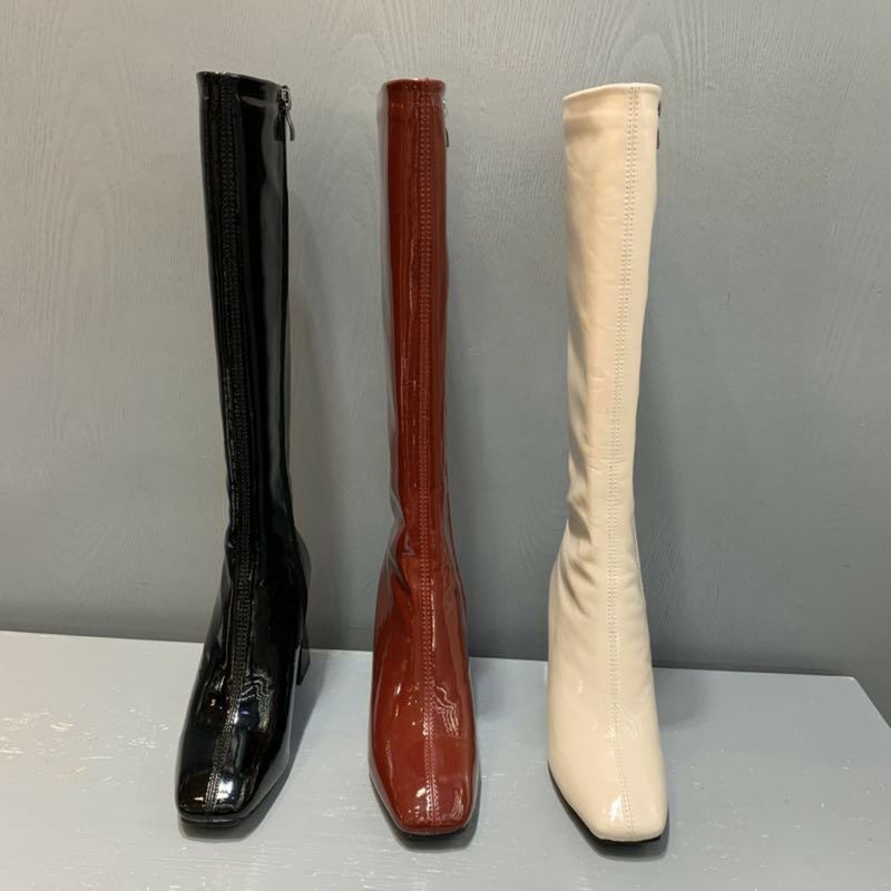 Boots gối da bóng gót vát đen trắng kem đỏ