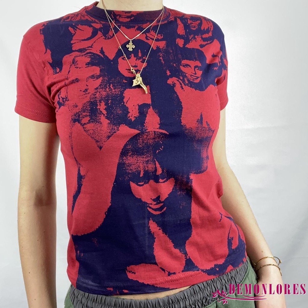 Áo Croptop Tay Ngắn Cổ Tròn In Hình Chân Dung Cho Nữ