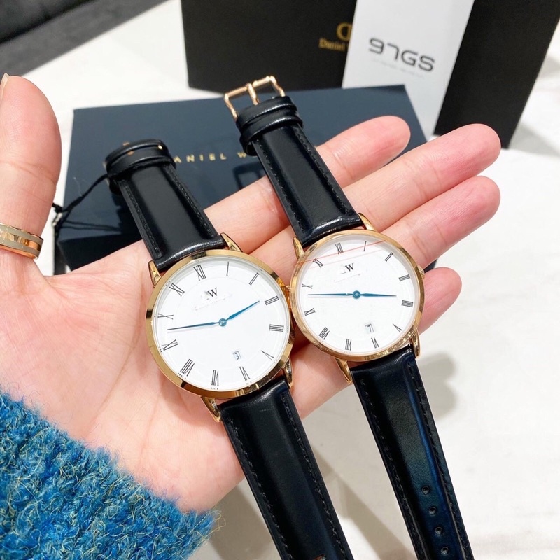 Đồng hồ nam W , Nữ W dây da may chỉ kim xanh có lịch size 34mm 38mm