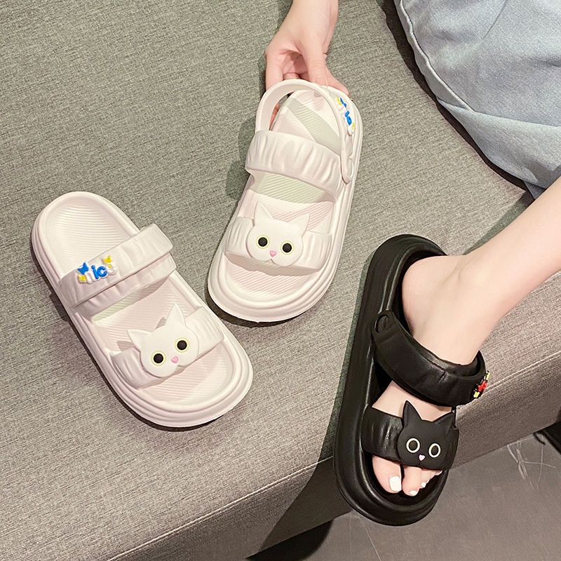 Dép sandal nữ, dép quai hậu nữ đế cao 4cm gắn sticker mặt mèo dễ thương