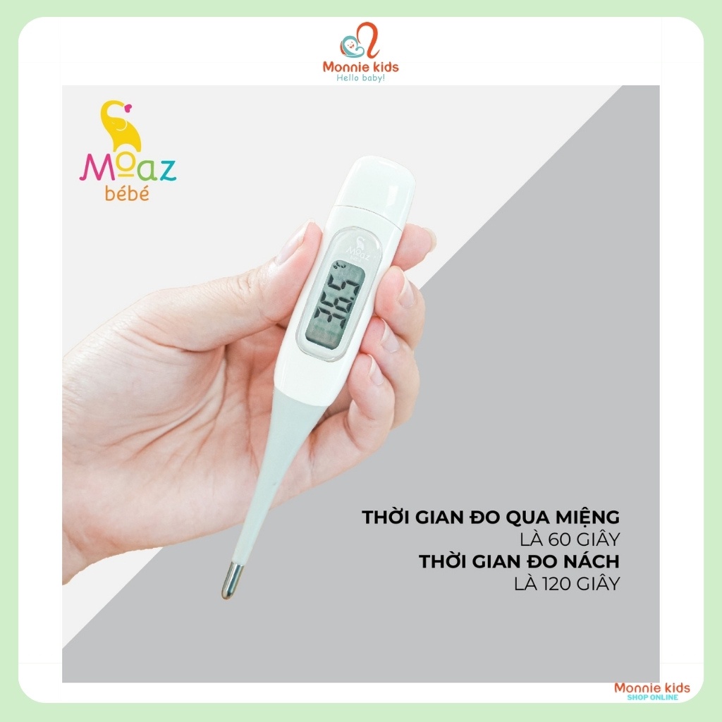 Nhiệt kế điện tử cho bé Moaz Bébé MB040, nhiệt kế đo nhiệt kẹp nách màn Led - Monnie Kids