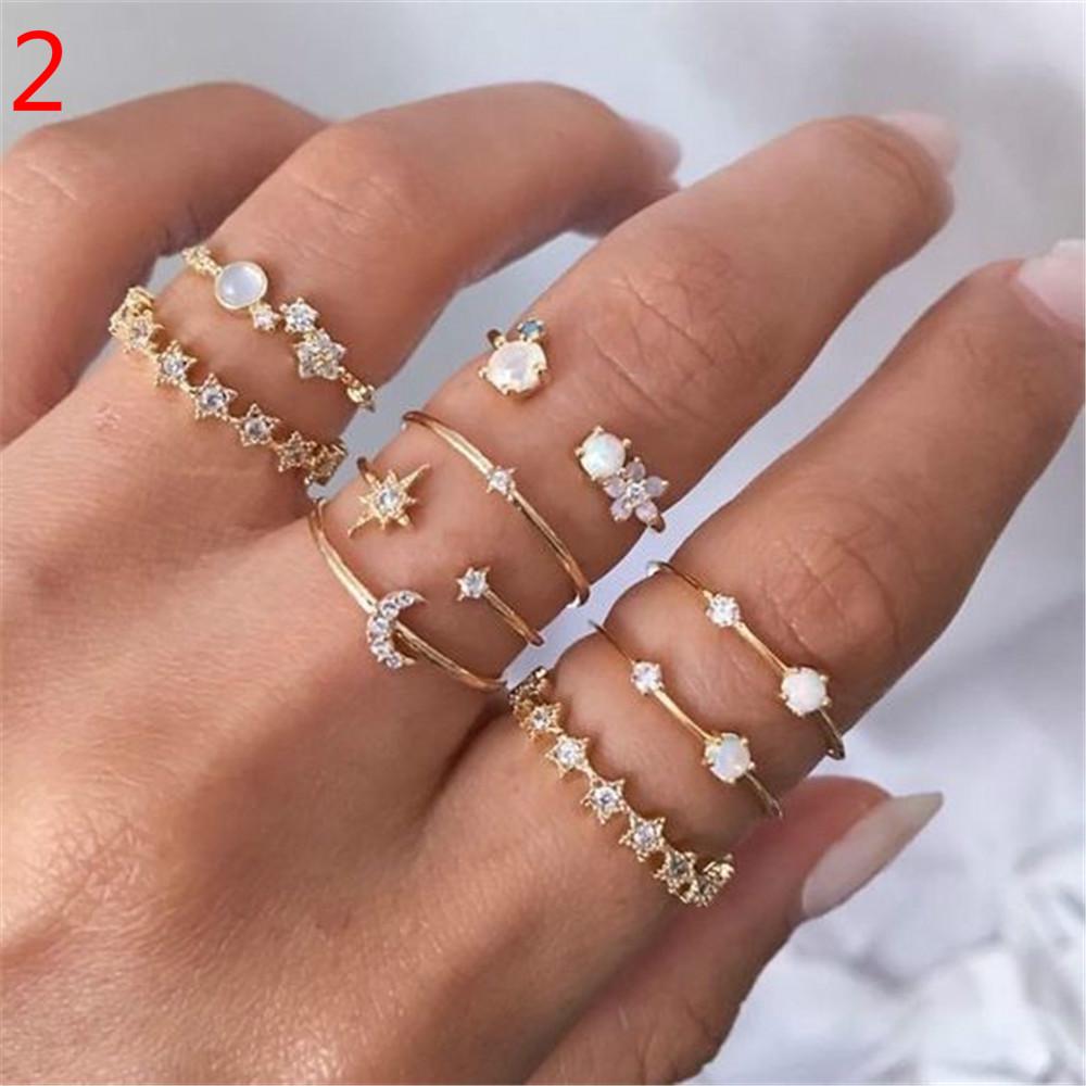 7PCS Vintage Crystal Moon Star Rings Women Finger Joint Ring Wedding Jewelry Gift Set