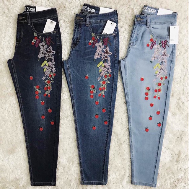 Quần jeans thêu hoa baggy 9 tấc