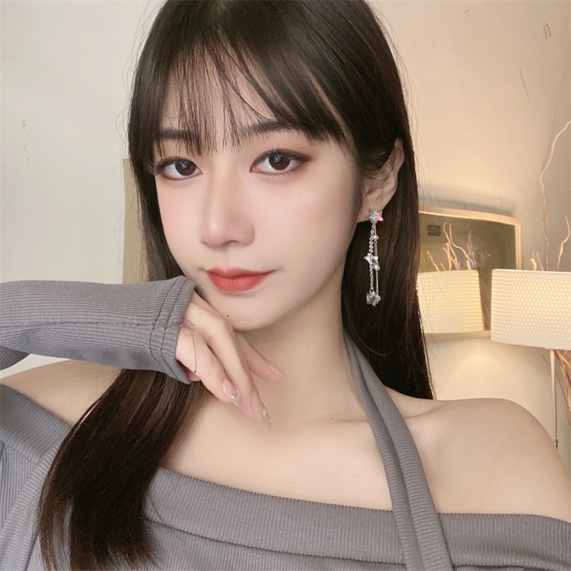 Khuyên tai kẹp không bấm lỗ chốt cố định K061 bằng hợp kim mạ bạc hình ngôi sao dáng dài Leous Accessories