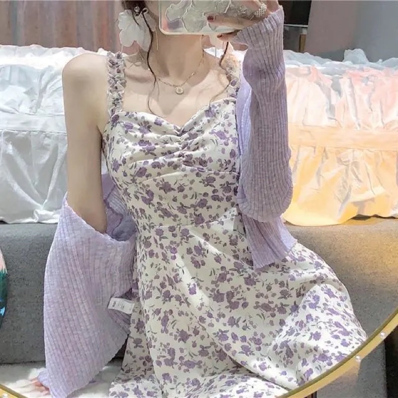 S1 Set Bộ Đầm Hoa Nhí Hai Dây Tím Nữ Tính Và Áo Khoác Mỏng Mùa Thu