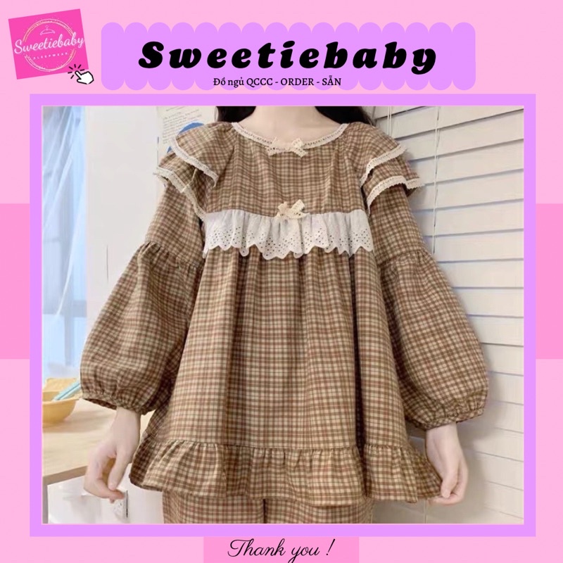 BỘ / VÁY MẶC NHÀ ULZZANG KẺ CARO NÂU BÈO NGỰC rẻ nhất shopee