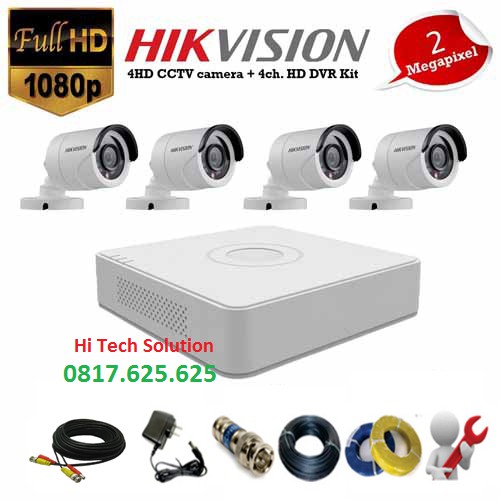 Combo trọn bộ 4 camera Hikvision 2MP đầy đủ phụ kiện