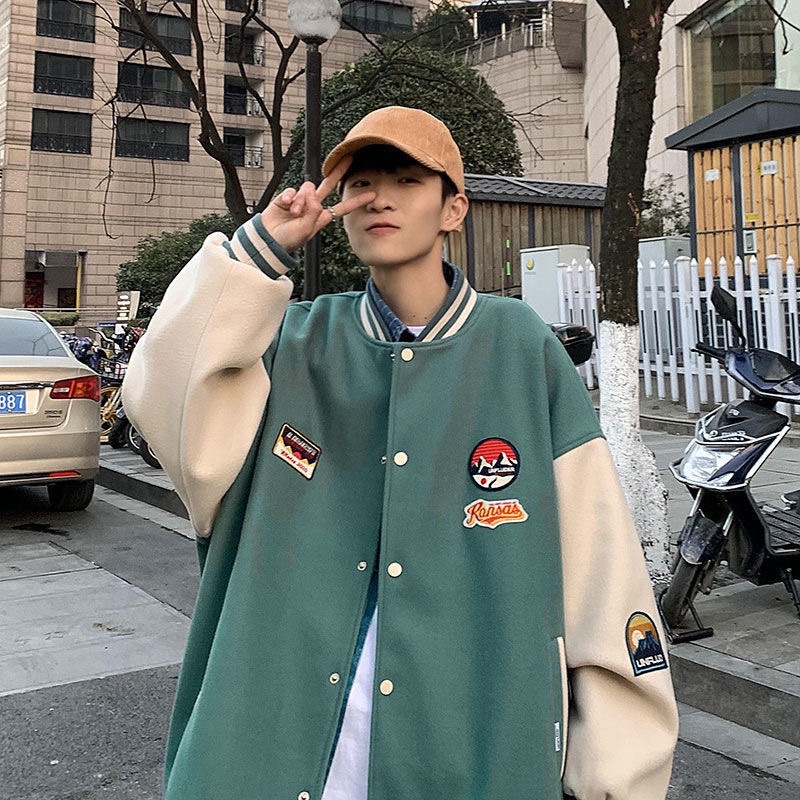 Áo khoác bomber varsity jacket phong cách bóng chày màu xanh mint mới phù hợp cho các cặp tình nhân
