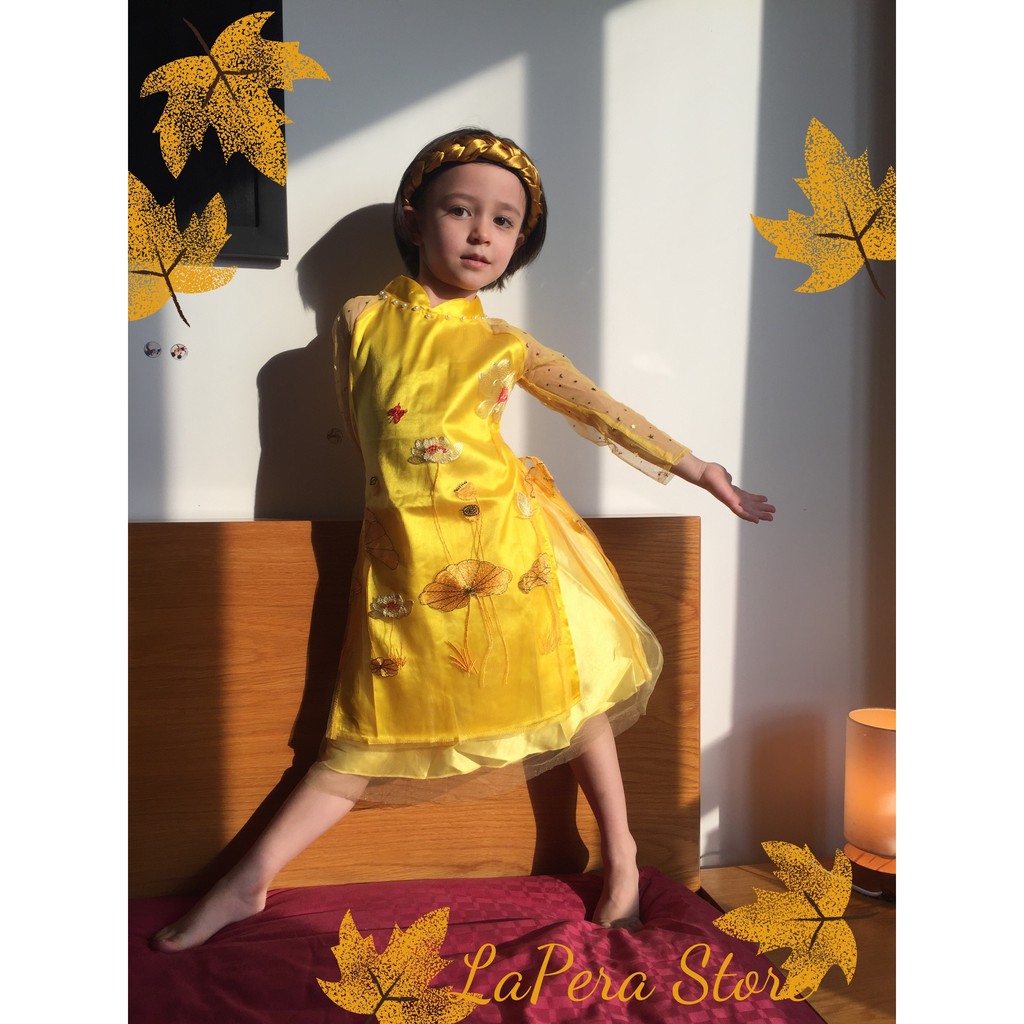 Áo dài cho bé gái từ 15kg ❤️ Áo dài cách tân 2 lớp lụa và ren thêu hoa sen