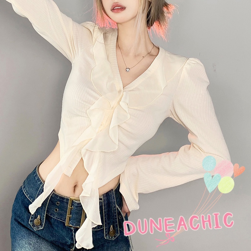 DUNEA Áo Croptop Tay Dài Phối Bèo Thời Trang Quyến Rũ Cho Nữ