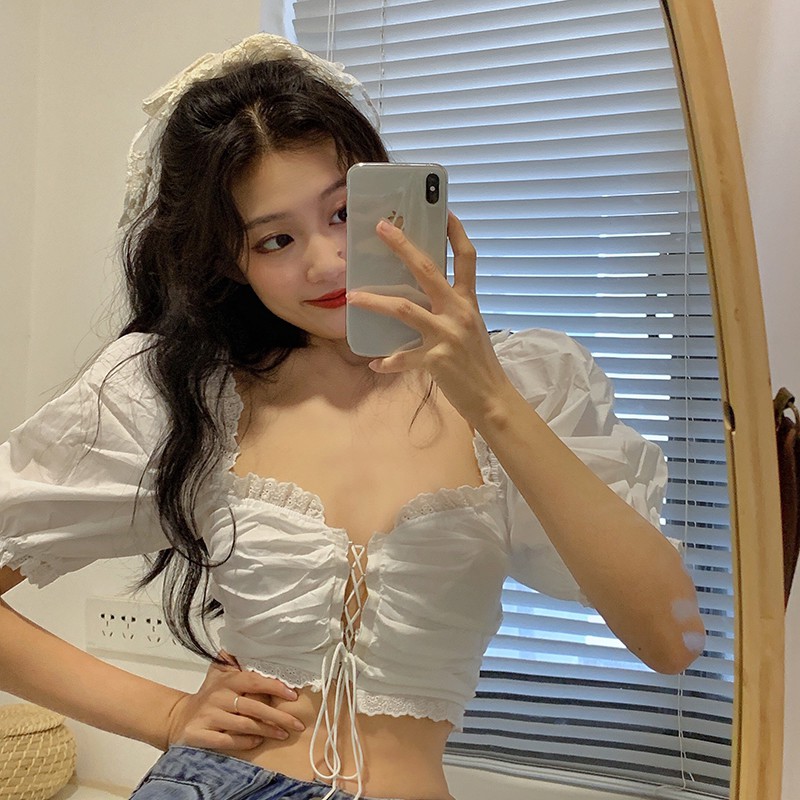 Cocory vn Áo croptop trễ vai tay ngắn phối ren hoa phong cách mùa hè thịnh hành cho nữ