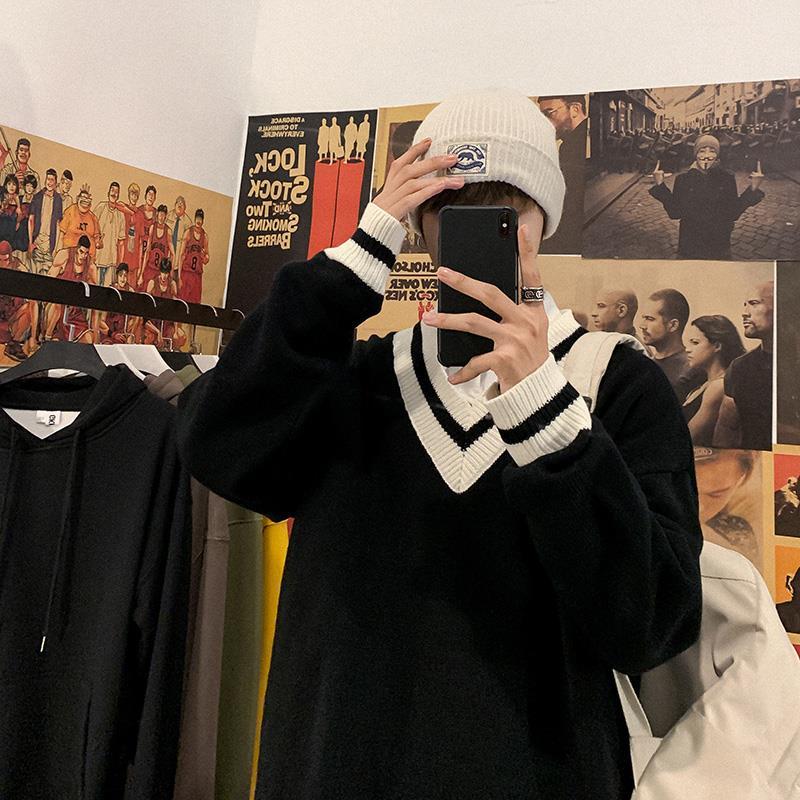Áo sweater dệt kim cổ chữ V dáng rộng ghép màu dành cho nam sinh