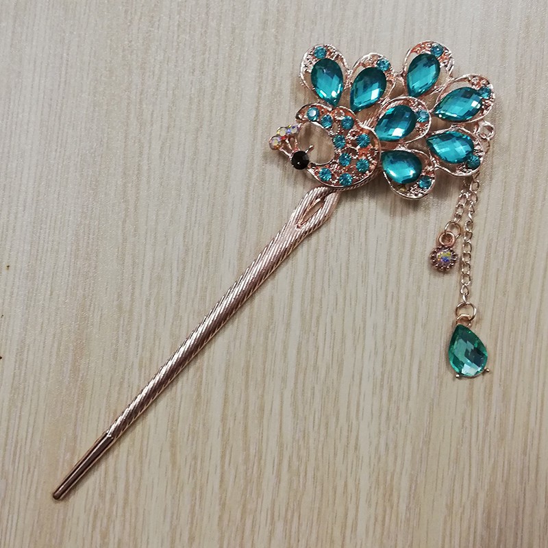 Trâm cài tóc đính đá họa tiết chim công tua rua vintage