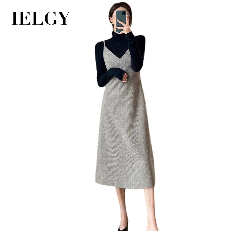 Bộ đồ IELGY gồm đầm và áo tay dài màu đen thời trang phong cách Hàn Quốc dành cho nữ