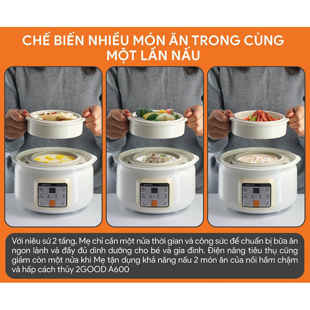 Nồi Hầm Cháo Cách Thủy 2 Tầng 2GOOD A600 (1.5L) - Hàng Chính Hãng