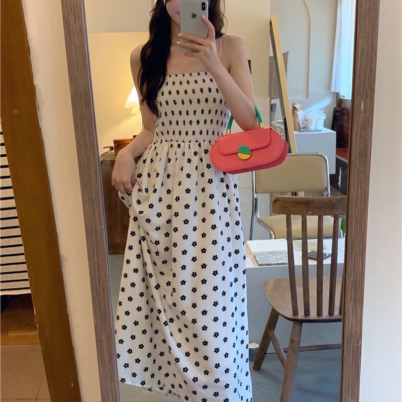 LITTLE DAISY DREESS  Đầm maxi hai dây bông hoa nhỏ màu đen trắng