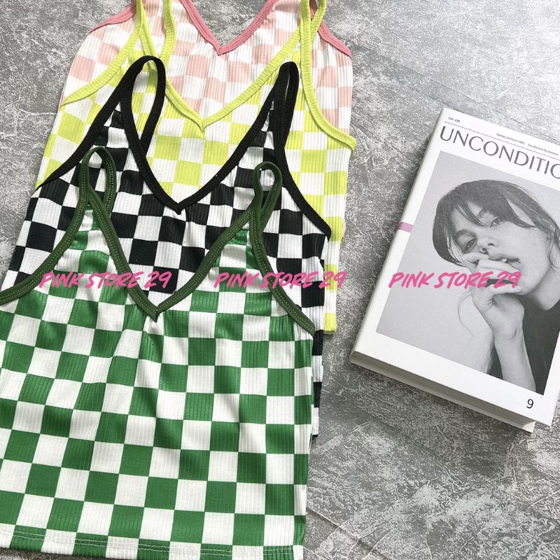 Áo croptop 2 dây cổ V ôm body họa tiết caro