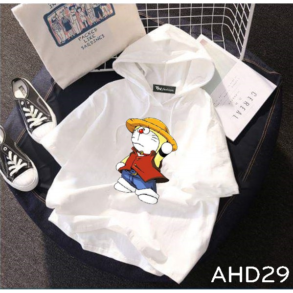 Áo thun teen nam nữ HOODIE TAY LỠ CÓ NÓN hình doraemon Luffy mũ rơm