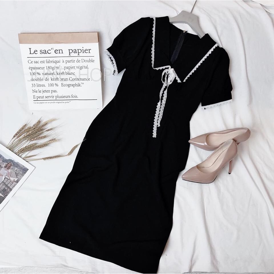 váy đen cổ nơ trắng
