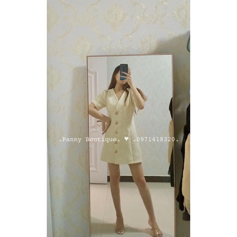[Order có ảnh thật] Đầm váy cổ V tay phồng khuy ánh kim 🌟, style ulzzang Hàn Quốc 🌻 Panny Boutique 🌻