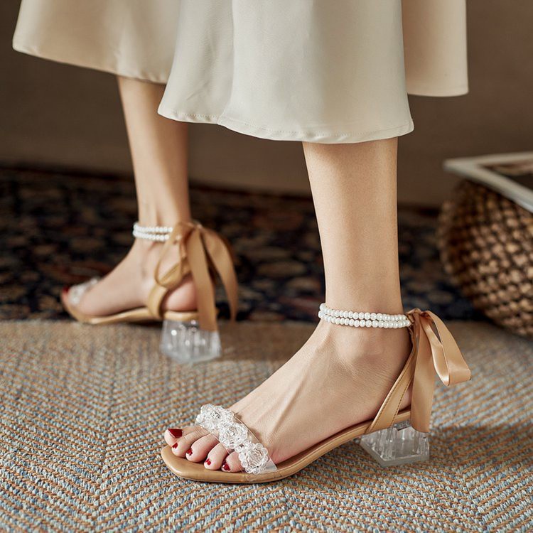 Sandal Gót Cao Mũi Vuông Quai Trong Suốt Phối Ngọc Trai Thời Trang