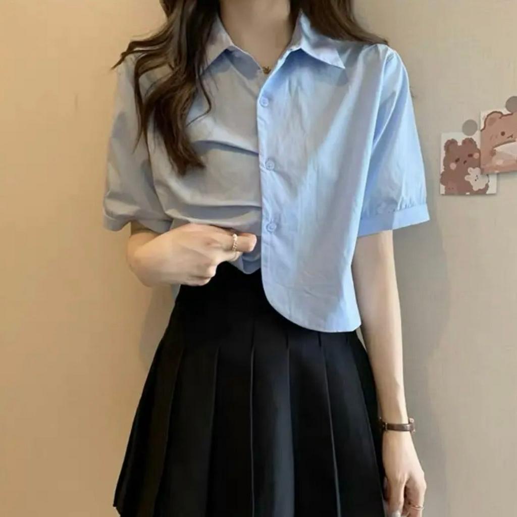 Áo kiểu nữ ngắn tay cổ sơ mi phối nhíu áo sơ mi kiểu croptop