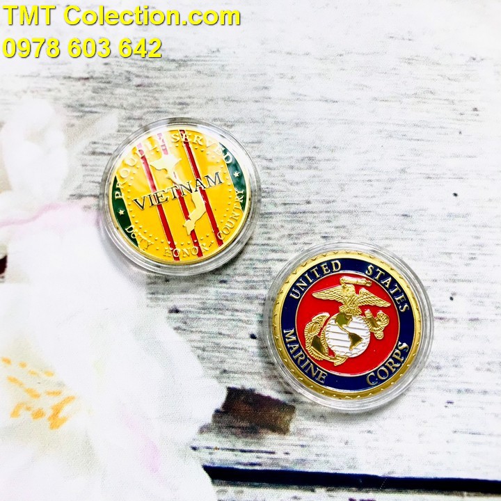 Xu Huy Hiệu Thủy Quân Lục Chiến Và Cờ Việt Nam Cộng Hòa, Chất liệu Niken, Màu Vàng, Xanh, Đỏ - SP005280