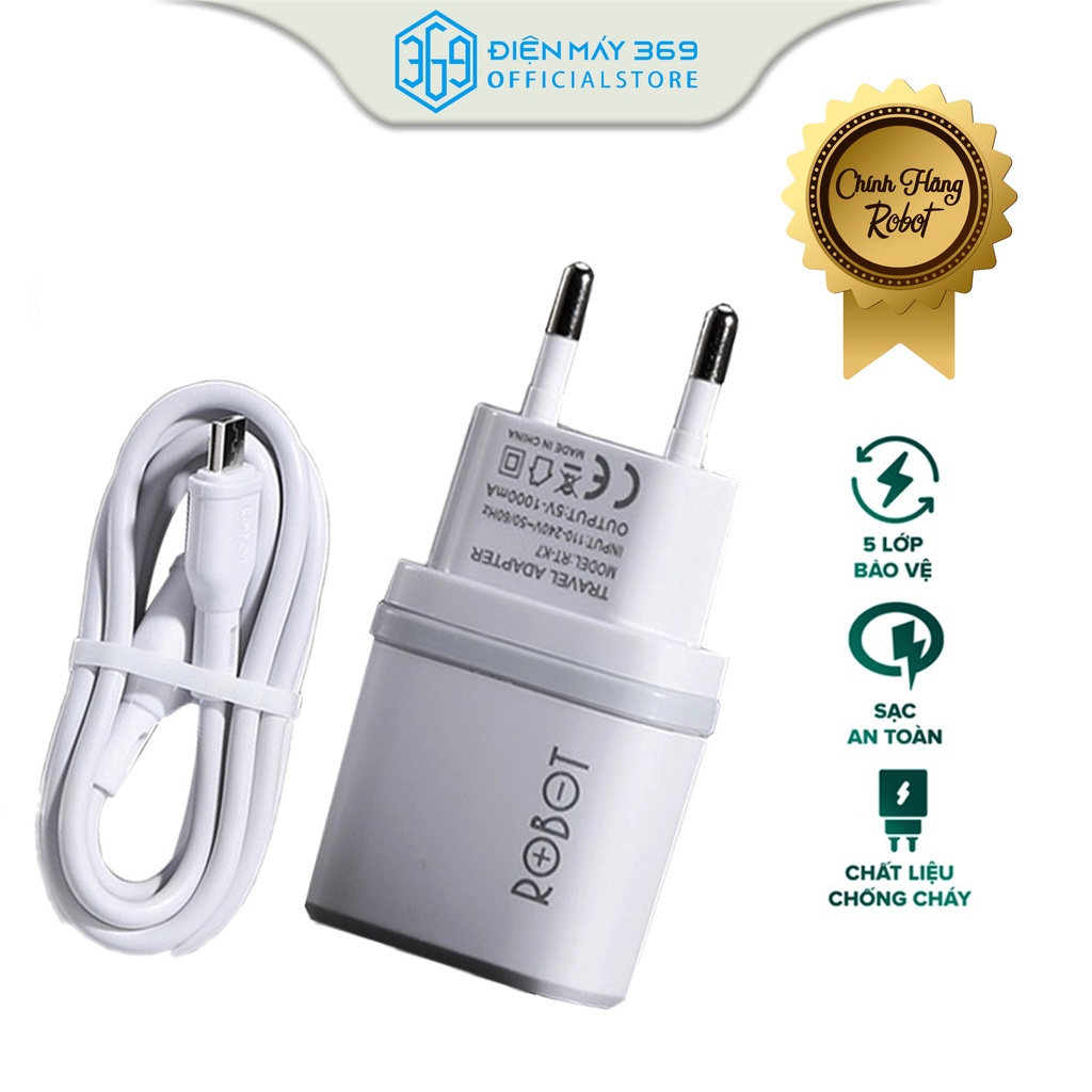 Cốc Sạc ROBOT RT-K7 - Kèm Cáp Micro 1m, Thiết kế nhỏ gọn, dễ dàng mang theo, Chip thông minh, Vỏ chống trầy xước