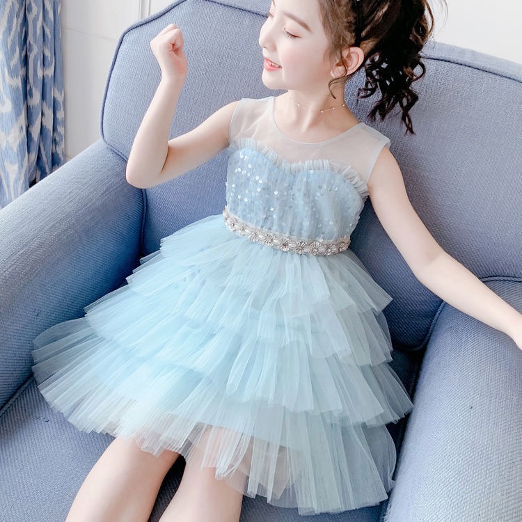 Váy ren xoè màu xanh phối lưới sát nách nhiều tầng cho bé gái  N01171