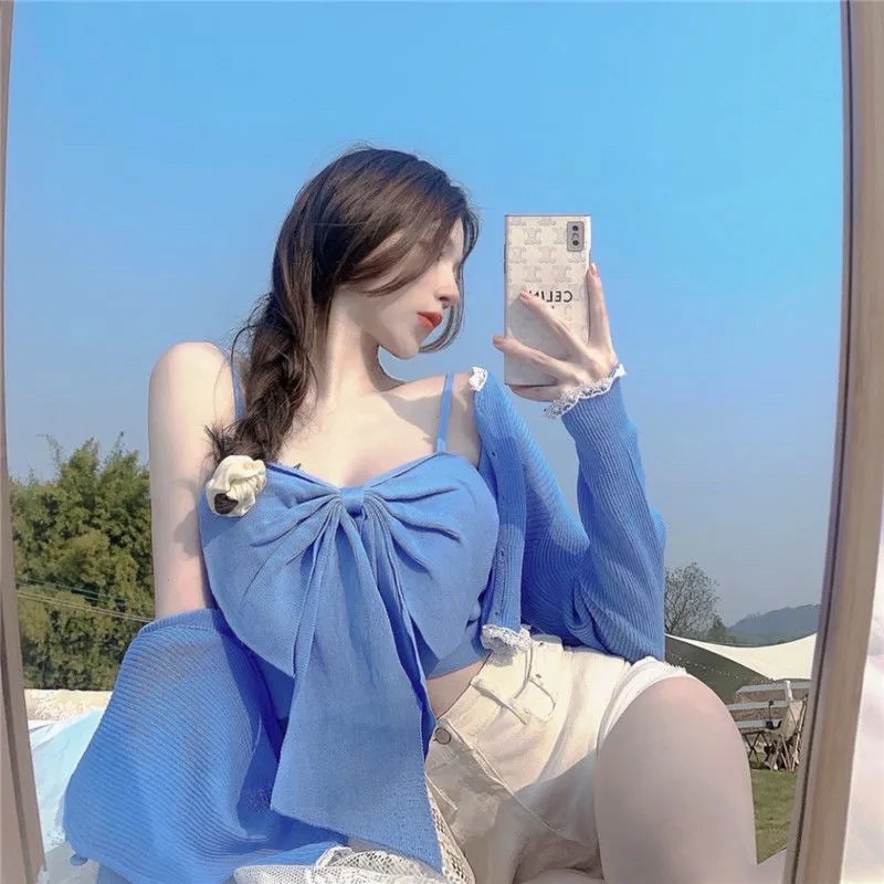 Áo Hai Dây Croptop Nơ To Nữ Màu Trắng, Xanh, Hồng Chất Mongtoghi Style Hàn Quốc Sexy Tiểu Thư Loại 1 Hàng Quảng Châu