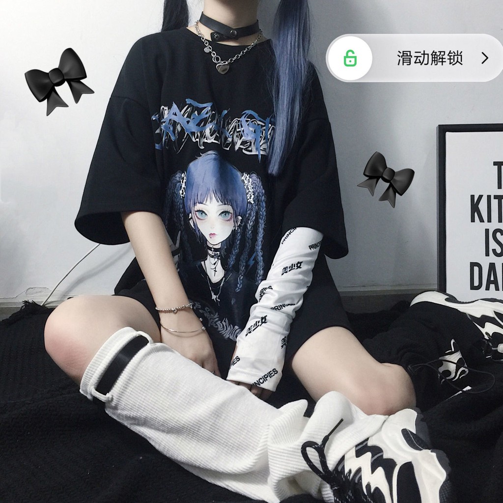 ☾❆2021 mới áo phông ngắn tay hip-hop nữ mùa hè Harajuku phong cách JK rộng rãi màu đen sẫm cỡ lớn trong quốc triều