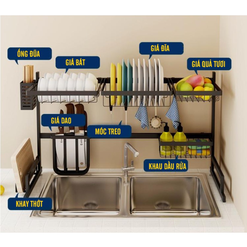 Kệ Để Chén Đĩa Đa Năng Thông Minh VANDO Trên Bồn Rửa Bát, Thép Carbon Sơn Đen Cao Cấp