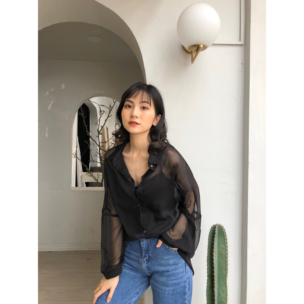 SET ÁO SƠ MI GIẤY BUỘC FORM RỘNG TAY BỒNG PHỐI ÁO 2 DÂY - ÁO SƠ MI KHOÁC NGOÀI ĐEN TRẮNG HOT