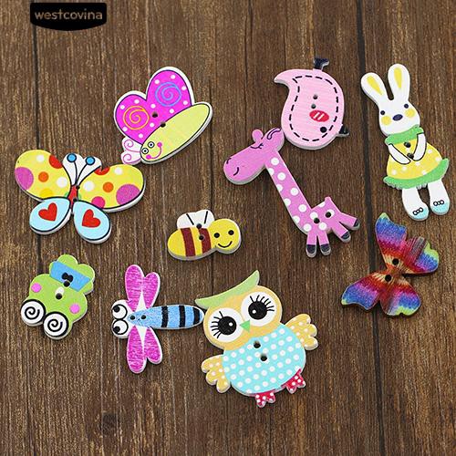 Bộ 50 mô hình khuy gỗ 2 phong cách hoạt hình nhiều màu dễ thương