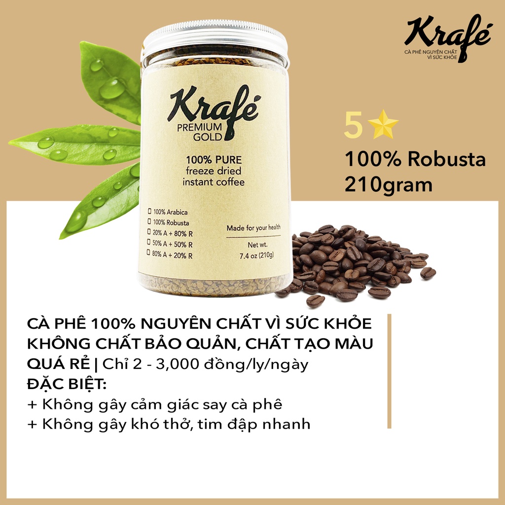 Cà phê hòa tan sấy lạnh Krafé 100% Robusta | 210 gram - Premium Gold