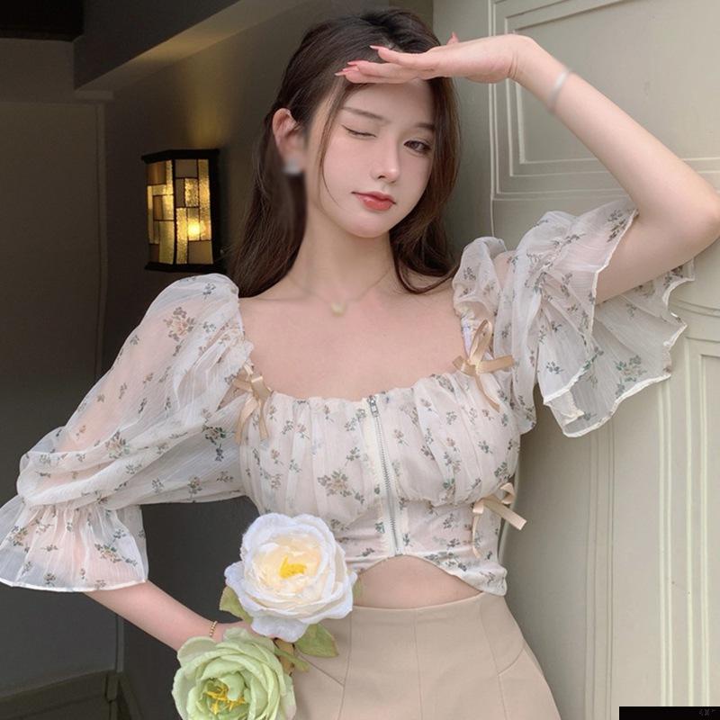 Áo croptop vải voan tay phồng cổ vuông in hoa kiểu Hàn Quốc xinh xắn cho nữ  áo  Croptop